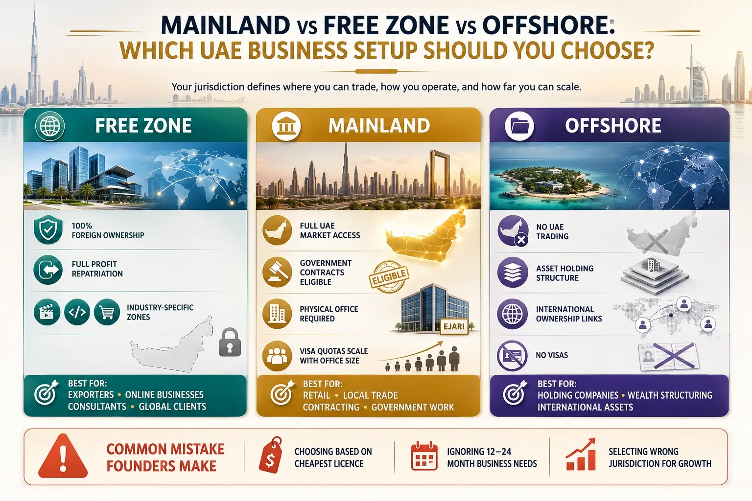 Dubai mainland vs free zone vs offshore comparison